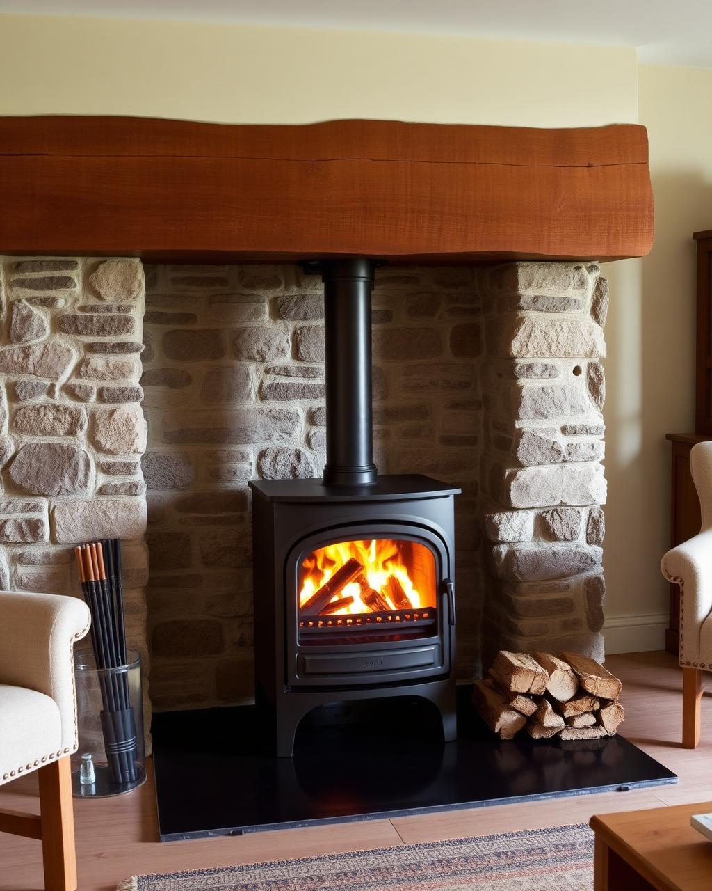 Wood-burning stove with oak beam mantle