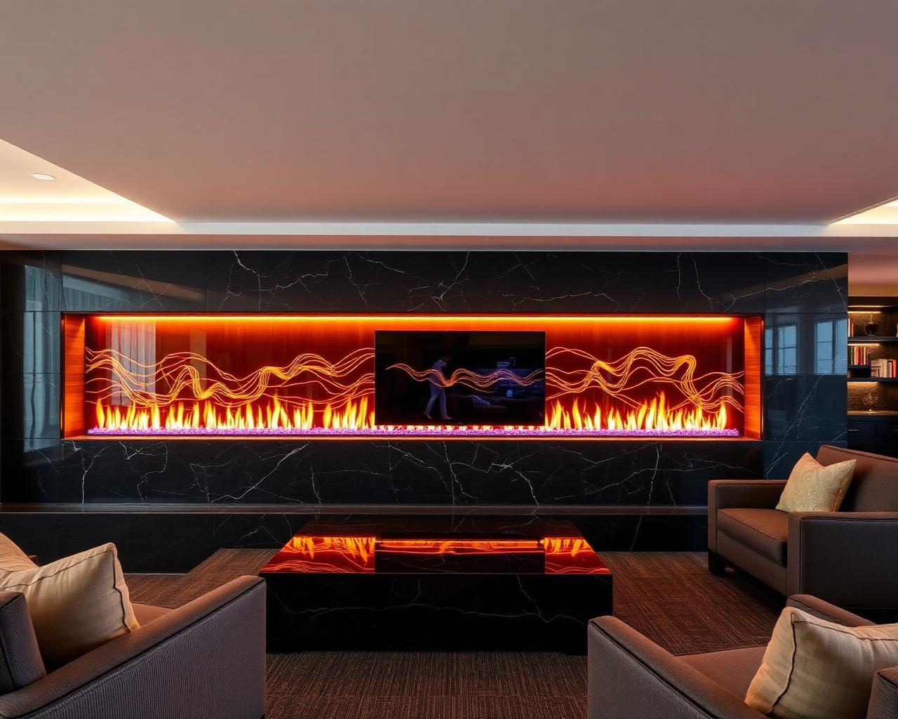 Modern media wall fire feature