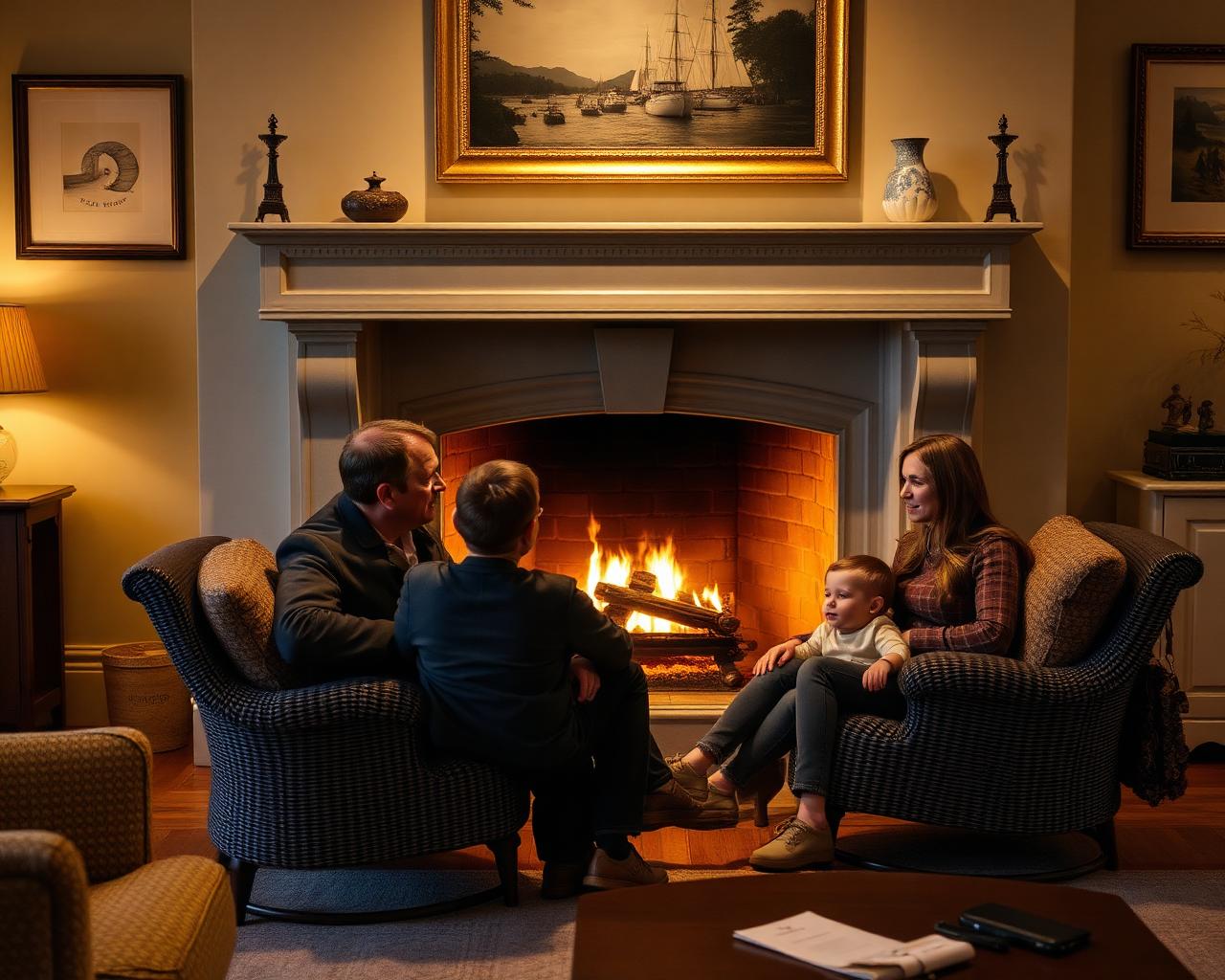 A family relaxing by a period fireplace